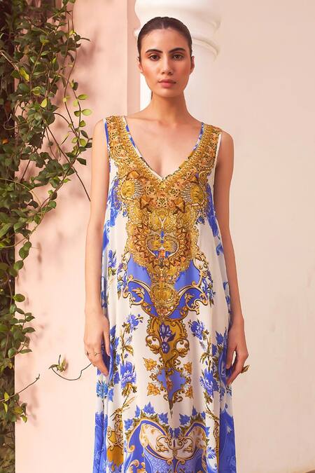 Shop_Zariaah_White Viscose, Silk Crystals, Embroidery V-neck Floral Swirl Print Dress _Online_at_Aza_Fashions