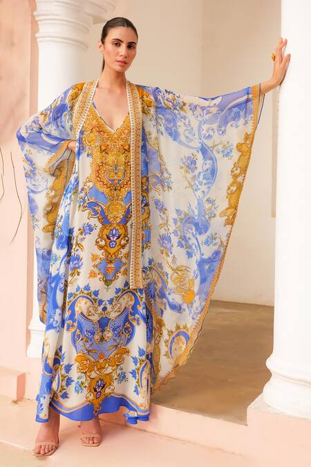 Zariaah_White Chiffon Printed Floral Open Santorini Sunkiss Cape  _Online_at_Aza_Fashions