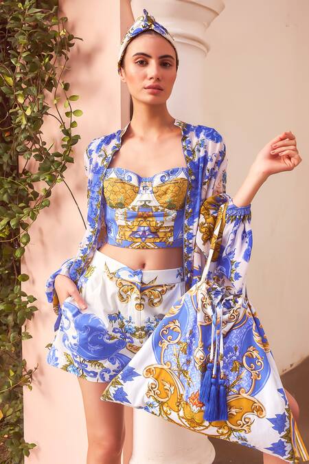 Buy Zariaah White Cotton, Viscose, Silk Crystals, Santorini Sunkiss Print Shirt Shorts Set Online at Aza Fashions Buy_Zariaah_White Cotton, Viscose, Silk Crystals, Santorini Sunkiss Print Shirt Shorts Set _Online_at_Aza_Fashions