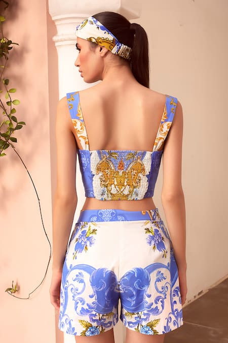 Shop Zariaah White Viscose, Silk Crystals, Embroidery Swirl Print Embellished Bustier at Aza Fashions Shop_Zariaah_White Viscose, Silk Crystals, Embroidery Swirl Print Embellished Bustier _at_Aza_Fashions
