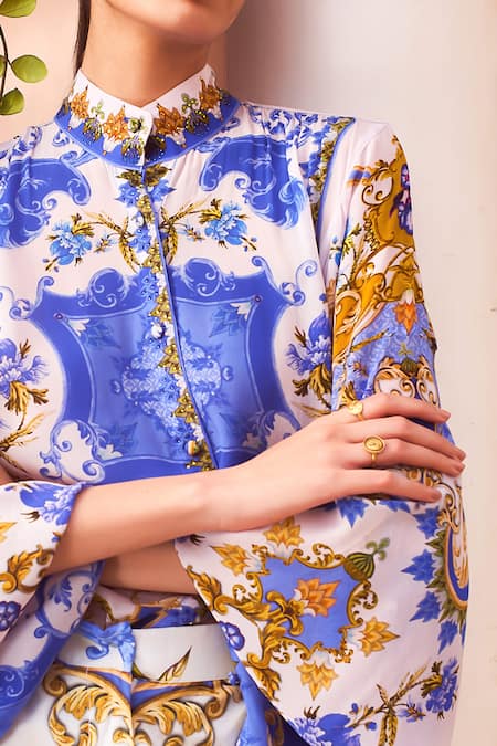 Shop_Zariaah_White Viscose, Silk Crystals, Embroidery Bandeau Neck Santorini Print Shirt _Online_at_Aza_Fashions