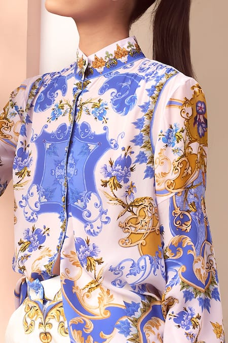 Zariaah_White Viscose, Silk Crystals, Embroidery Bandeau Neck Santorini Print Shirt _at_Aza_Fashions