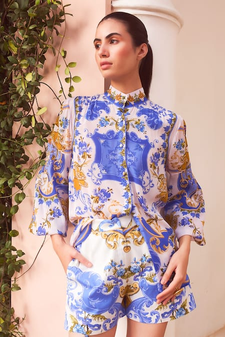 Buy_Zariaah_White Viscose, Silk Crystals, Embroidery Bandeau Neck Santorini Print Shirt 