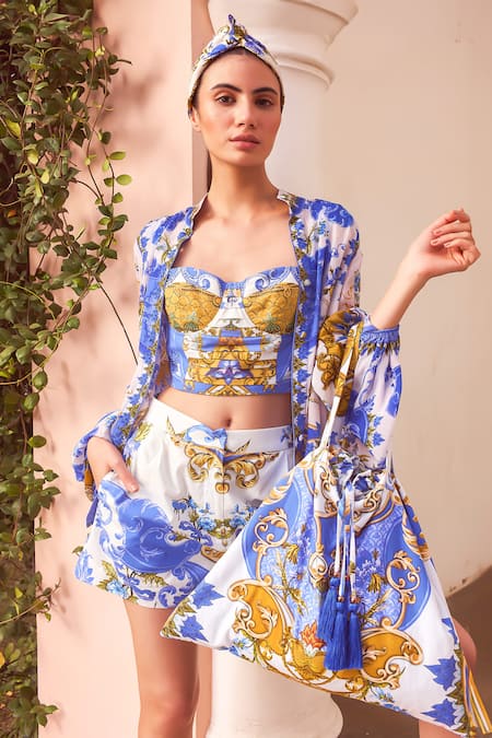 Zariaah White Viscose Silk Printed Floral Santorini Sunkiss Shorts Set  