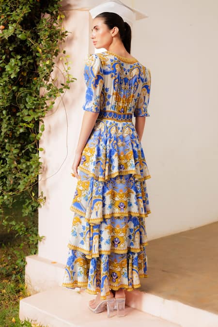 Shop Zariaah White Viscose, Silk Embroidery V-neck Swirl Print Embellished Tiered Dress at Aza Fashions Shop_Zariaah_White Viscose, Silk Embroidery V-neck Swirl Print Embellished Tiered Dress _at_Aza_Fashions