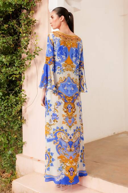 Shop_Zariaah_White Viscose, Silk Crystals, Embroidery Santorini Sunkiss Print Slit Dress _at_Aza_Fashions