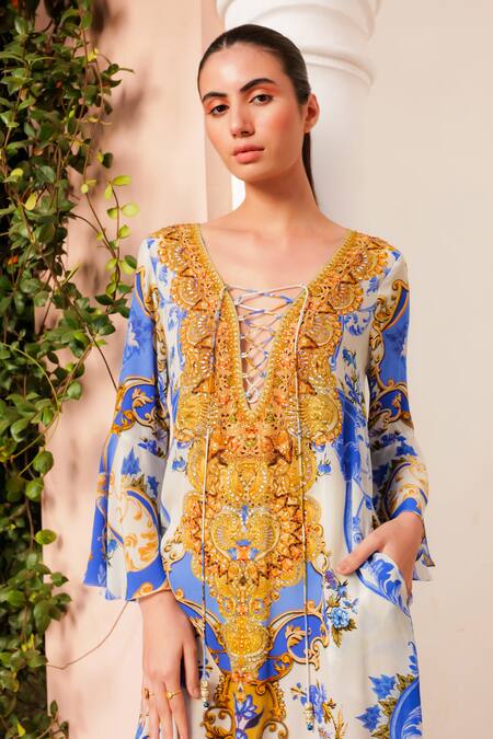 Zariaah_White Viscose, Silk Crystals, Embroidery Santorini Sunkiss Print Slit Dress _Online_at_Aza_Fashions