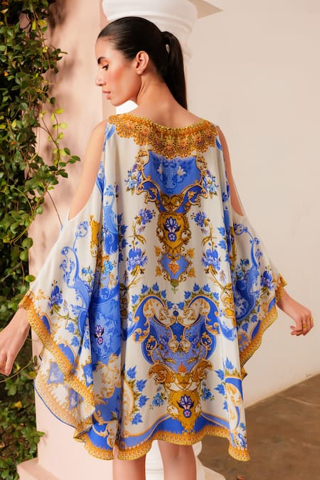 Shop_Zariaah_White Viscose, Silk Crystals, Embroidery V-neck Sunkiss Print Kaftan _at_Aza_Fashions