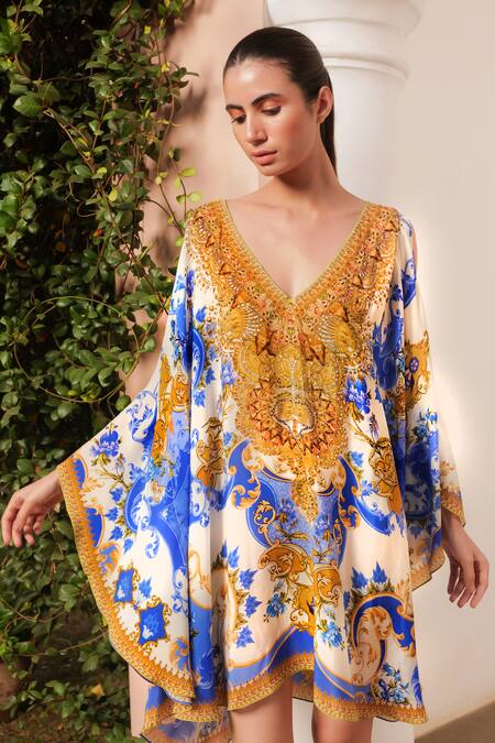 Zariaah_White Viscose, Silk Crystals, Embroidery V-neck Sunkiss Print Kaftan _Online_at_Aza_Fashions