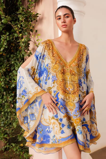 Buy_Zariaah_White Viscose, Silk Crystals, Embroidery V-neck Sunkiss Print Kaftan _Online_at_Aza_Fashions