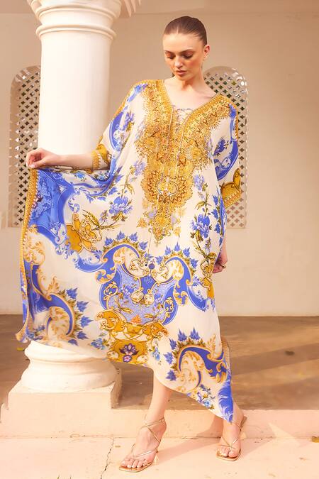 Buy_Zariaah_White Viscose, Silk Embroidery Plunge Neck Floral Swirl Print Kaftan _Online_at_Aza_Fashions