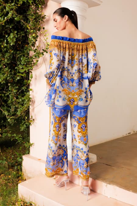 Shop Zariaah White Chiffon Crystals, Embroidery Santorini Print Off Top With Pant at Aza Fashions Shop_Zariaah_White Chiffon Crystals, Embroidery Santorini Print Off Top With Pant _at_Aza_Fashions