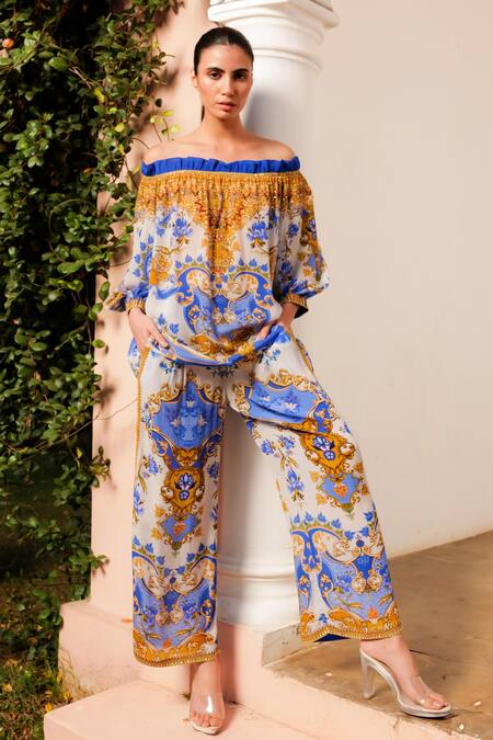 Zariaah White Chiffon Crystals, Embroidery Santorini Print Off Top With Pant Online at Aza Fashions Zariaah_White Chiffon Crystals, Embroidery Santorini Print Off Top With Pant _Online_at_Aza_Fashions