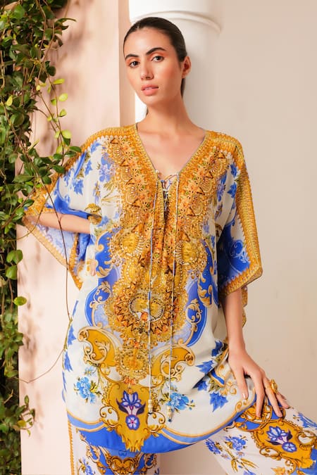 Zariaah_White Silk, Viscose Crystals, Floral Print Butterfly Top With Palazzo Pant _Online_at_Aza_Fashions