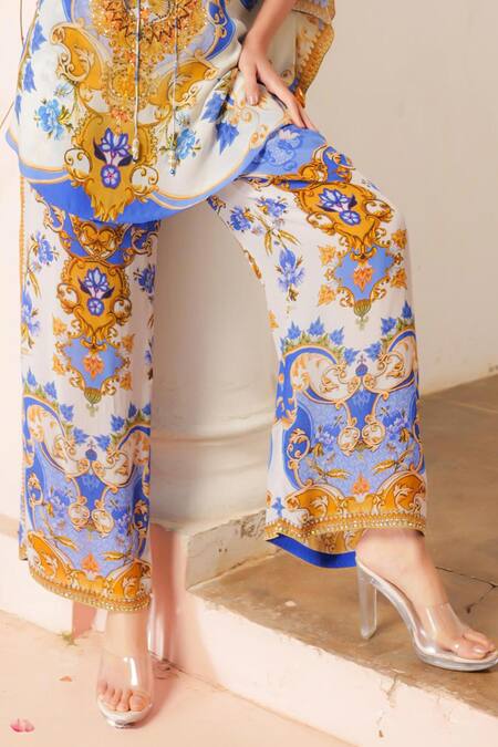 Shop_Zariaah_White Silk, Viscose Crystals, Floral Print Butterfly Top With Palazzo Pant _Online_at_Aza_Fashions