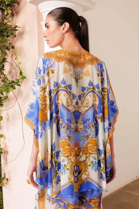Shop_Zariaah_White Viscose, Silk Crystals, Embroidery Plunge Neck Floral Print Butterfly Top _at_Aza_Fashions