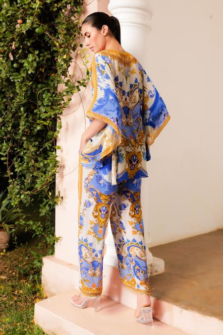 Buy_Zariaah_White Viscose, Silk Crystals, Embroidery Plunge Neck Floral Print Butterfly Top _Online_at_Aza_Fashions