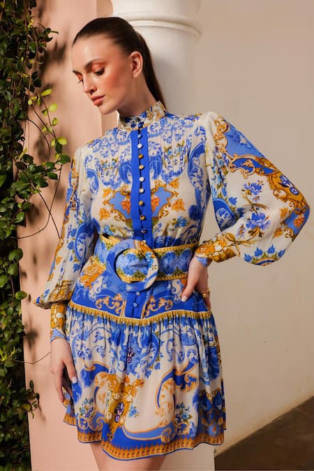 Zariaah White Viscose, Silk Embroidery, Sequins Santorini Print Pleated Bodice Dress Online at Aza Fashions Zariaah_White Viscose, Silk Embroidery, Sequins Santorini Print Pleated Bodice Dress _Online_at_Aza_Fashions