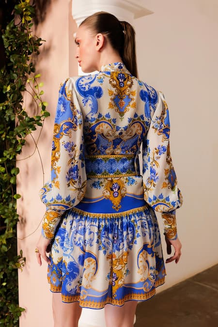 Buy Zariaah White Viscose, Silk Embroidery, Sequins Santorini Print Pleated Bodice Dress Online at Aza Fashions Buy_Zariaah_White Viscose, Silk Embroidery, Sequins Santorini Print Pleated Bodice Dress _Online_at_Aza_Fashions