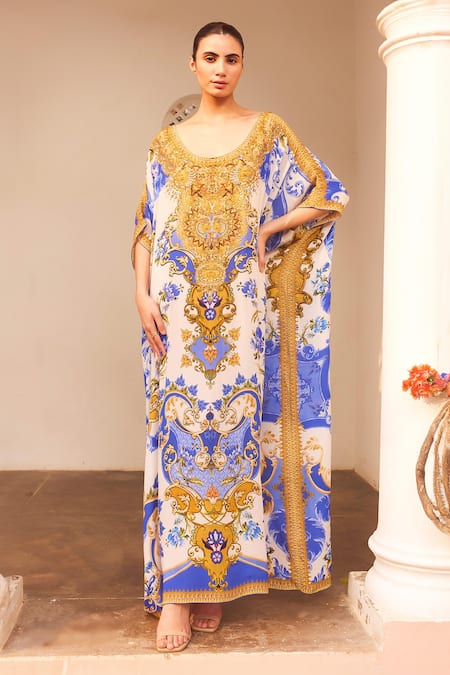 Zariaah White Viscose, Silk Embroidery Round Neck Floral Print Kaftan Online at Aza Fashions Zariaah_White Viscose, Silk Embroidery Round Neck Floral Print Kaftan _Online_at_Aza_Fashions