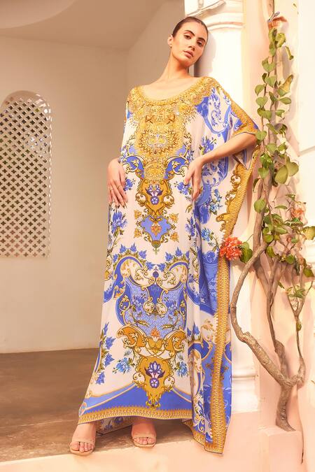 Shop Zariaah White Viscose, Silk Embroidery Round Neck Floral Print Kaftan Online at Aza Fashions Shop_Zariaah_White Viscose, Silk Embroidery Round Neck Floral Print Kaftan _Online_at_Aza_Fashions