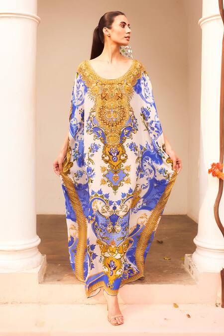 Zariaah White Viscose, Silk Embroidery Round Neck Floral Print Kaftan at Aza Fashions Zariaah_White Viscose, Silk Embroidery Round Neck Floral Print Kaftan _at_Aza_Fashions