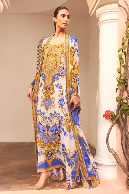Buy_Zariaah_White Viscose, Silk Embroidery Santorini Floral Print Kaftan With Long Robe _Online_at_Aza_Fashions