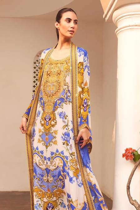 Shop_Zariaah_White Viscose, Silk Embroidery Santorini Floral Print Kaftan With Long Robe _Online_at_Aza_Fashions