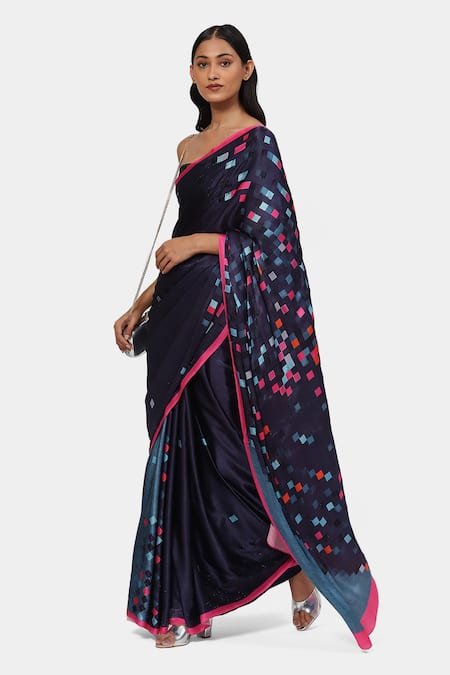 Satya Paul_Grey Satin, Song Of Celeste Geometric Embellished Saree With Running Blouse _Online_at_Aza_Fashions