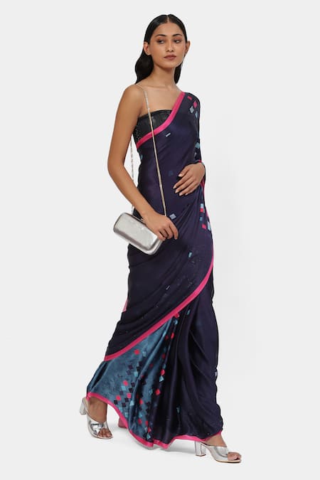 Buy_Satya Paul_Grey Satin, Song Of Celeste Geometric Embellished Saree With Running Blouse _Online_at_Aza_Fashions