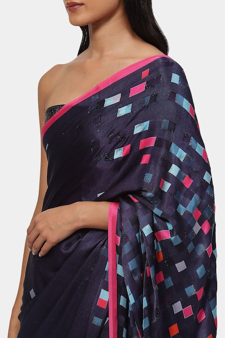 Shop_Satya Paul_Grey Satin, Song Of Celeste Geometric Embellished Saree With Running Blouse _Online_at_Aza_Fashions