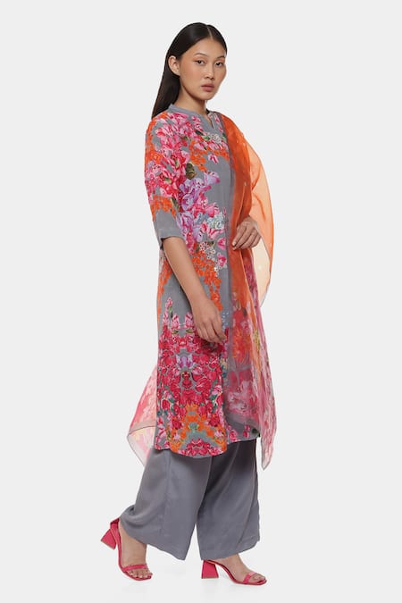 Buy_Satya Paul_Grey Crepe, Chiffon Embroidery Mandarin Collar And Printed Kurta Set _Online_at_Aza_Fashions