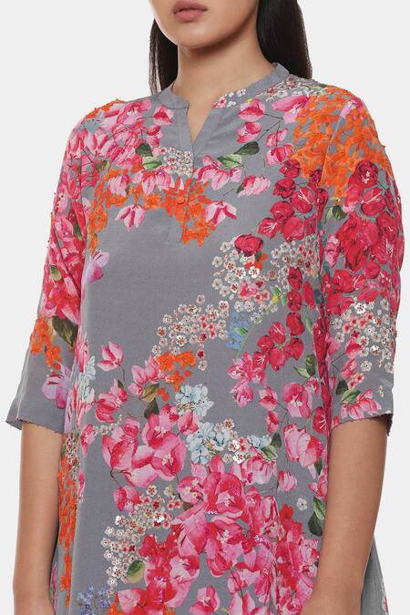 Shop_Satya Paul_Grey Crepe, Chiffon Embroidery Mandarin Collar And Printed Kurta Set _Online_at_Aza_Fashions