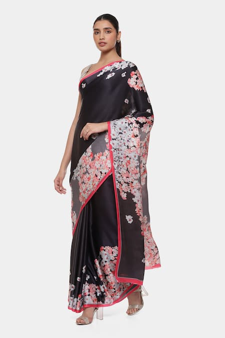 Satya Paul_Black Satin, Georgette Singular Border Printed Saree _Online_at_Aza_Fashions