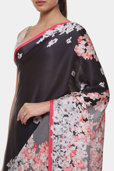 Shop_Satya Paul_Black Satin, Georgette Singular Border Printed Saree _Online_at_Aza_Fashions