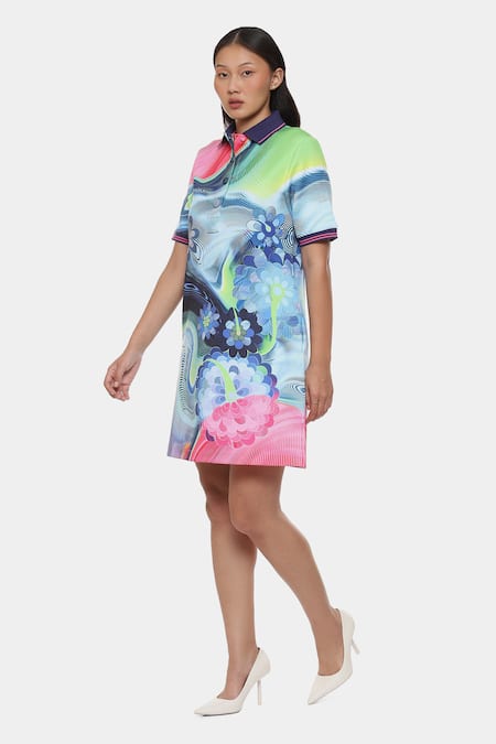 Satya Paul_Green Neoprene Collared Bloom And Boom Print Dress _Online_at_Aza_Fashions
