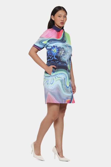 Buy_Satya Paul_Green Neoprene Collared Bloom And Boom Print Dress _Online_at_Aza_Fashions