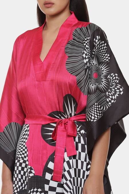 Shop_Satya Paul_Black Satin V-neck I See Holidays Trippy Print Kaftan _Online_at_Aza_Fashions