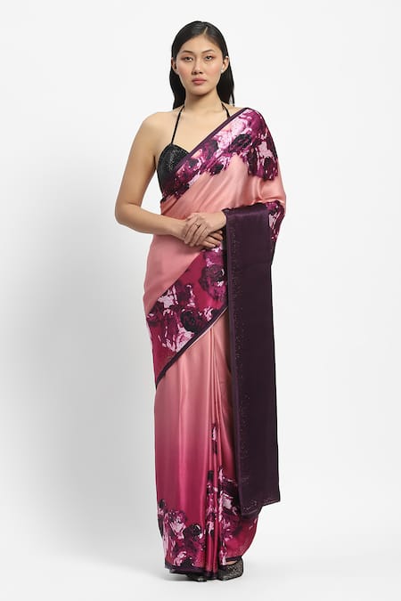 Satya Paul Purple Georgette Satin Printed Interlude Embellished Saree With Running Blouse 