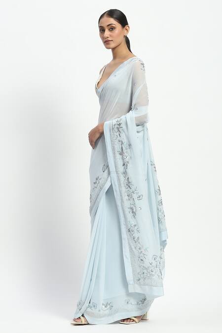 Satya Paul_Blue Viscose, Cloud Recesses Border Embellished Saree With Running Blouse _Online_at_Aza_Fashions