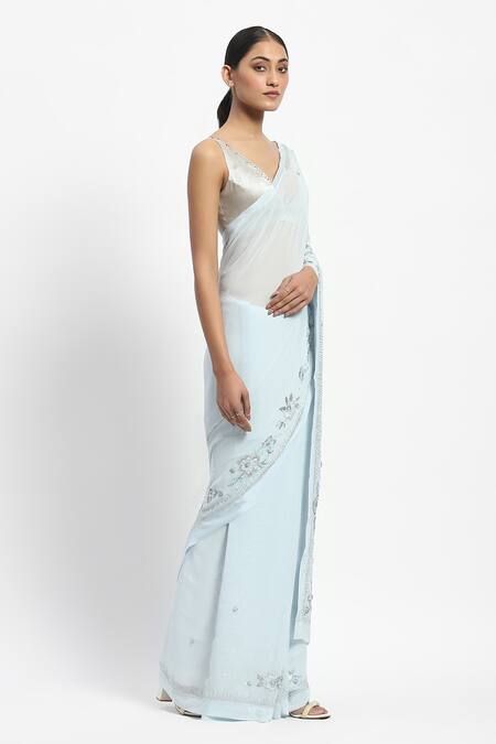 Buy_Satya Paul_Blue Viscose, Cloud Recesses Border Embellished Saree With Running Blouse _Online_at_Aza_Fashions