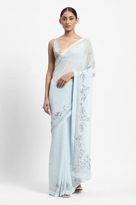 Shop_Satya Paul_Blue Viscose, Cloud Recesses Border Embellished Saree With Running Blouse _Online_at_Aza_Fashions