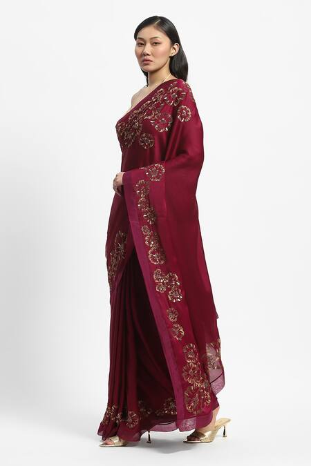 Satya Paul_Wine Polyester, Satin, Chiffon Embroidery, Empress Saree With Running Blouse _Online_at_Aza_Fashions