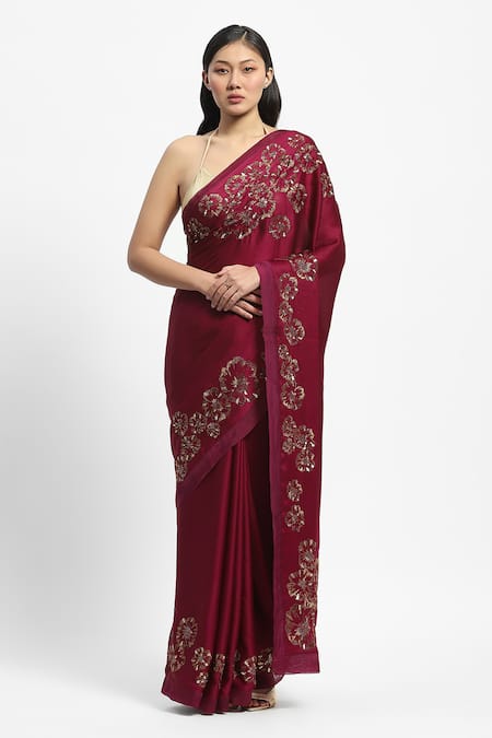 Buy_Satya Paul_Wine Polyester, Satin, Chiffon Embroidery, Empress Saree With Running Blouse _Online_at_Aza_Fashions