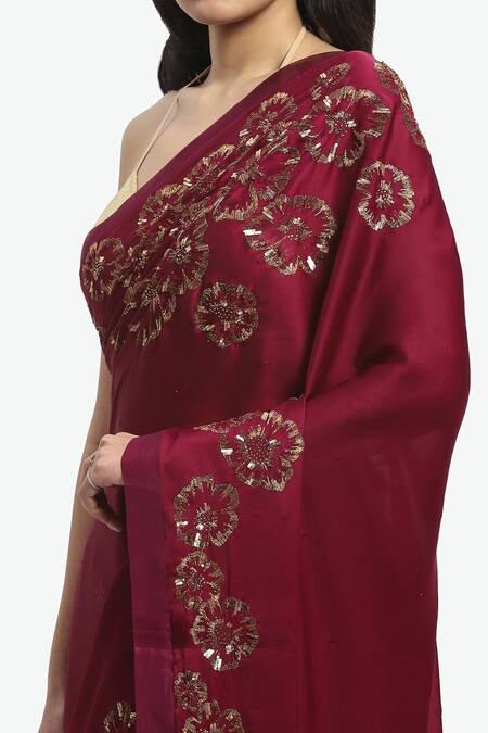 Shop_Satya Paul_Wine Polyester, Satin, Chiffon Embroidery, Empress Saree With Running Blouse _Online_at_Aza_Fashions