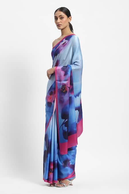 Satya Paul Blue Georgette, Satin Wistful Etherea Printed Saree With Running Blouse Online at Aza Fashions Satya Paul_Blue Georgette, Satin Wistful Etherea Printed Saree With Running Blouse _Online_at_Aza_Fashions