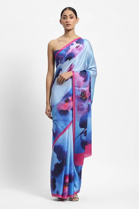 Buy Satya Paul Blue Georgette, Satin Wistful Etherea Printed Saree With Running Blouse Online at Aza Fashions Buy_Satya Paul_Blue Georgette, Satin Wistful Etherea Printed Saree With Running Blouse _Online_at_Aza_Fashions