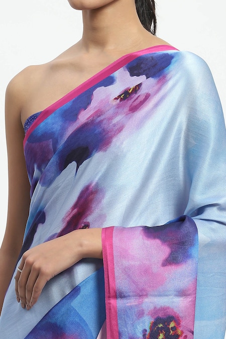 Shop Satya Paul Blue Georgette, Satin Wistful Etherea Printed Saree With Running Blouse Online at Aza Fashions Shop_Satya Paul_Blue Georgette, Satin Wistful Etherea Printed Saree With Running Blouse _Online_at_Aza_Fashions