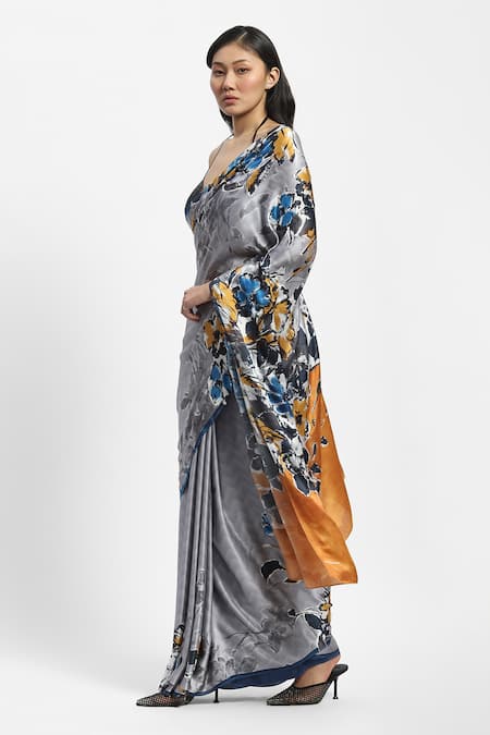 Satya Paul_Grey Georgette, Satin Sequins, Illumina Embellished Saree With Running Blouse _Online_at_Aza_Fashions