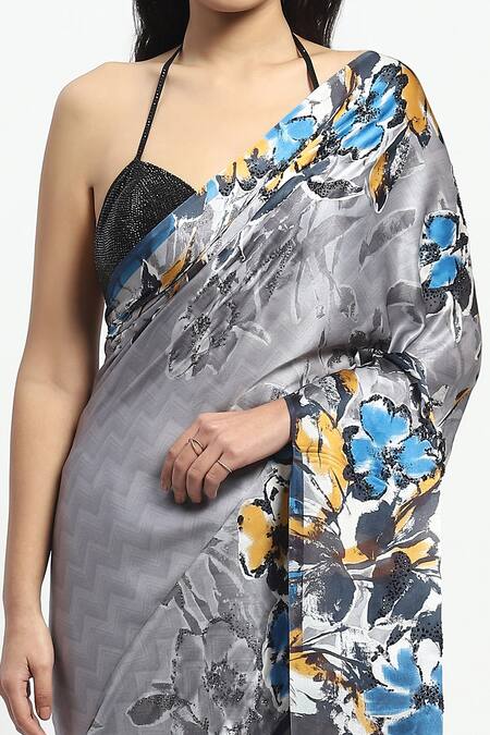 Shop_Satya Paul_Grey Georgette, Satin Sequins, Illumina Embellished Saree With Running Blouse _Online_at_Aza_Fashions